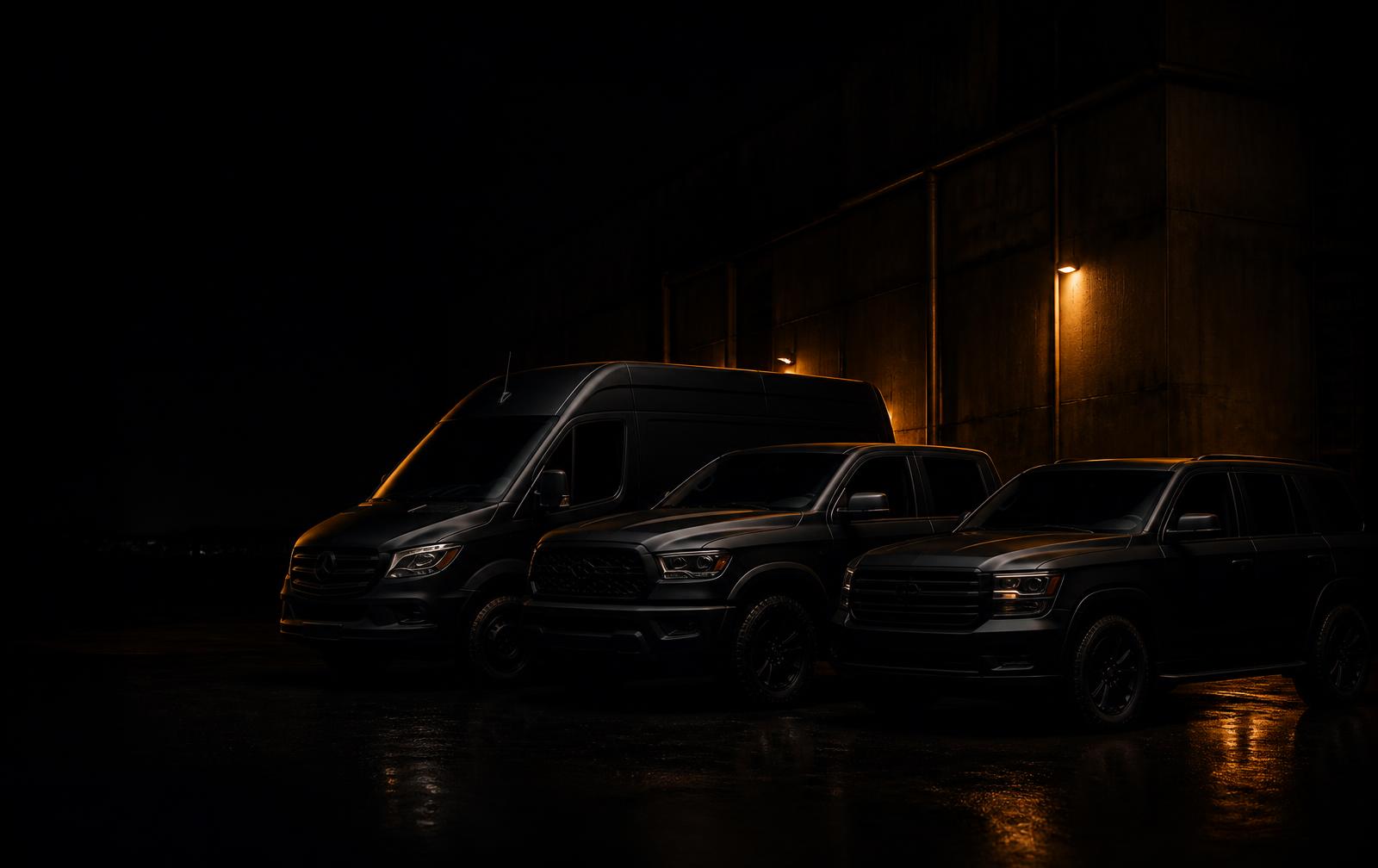 Prime Transports fleet of black vans, trucks and SUVs at night