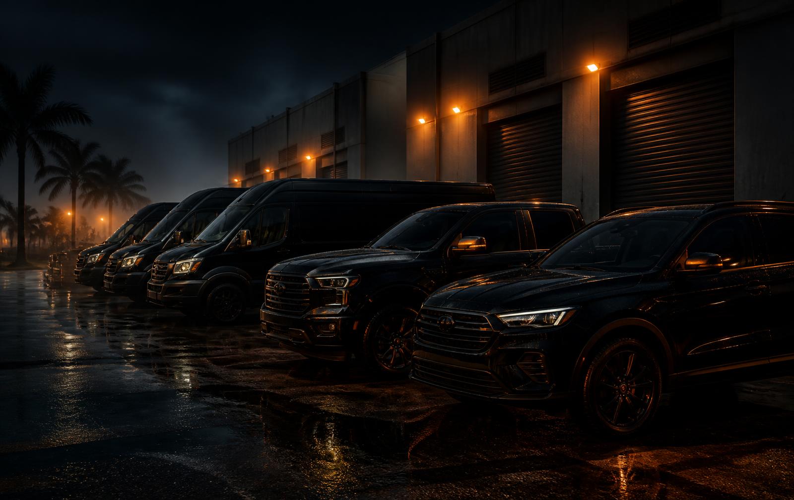 Prime Transports fleet of black vans, trucks and SUVs at night